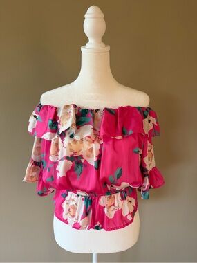 Off-Shoulder Floral Ruffle Top in Hot Pink